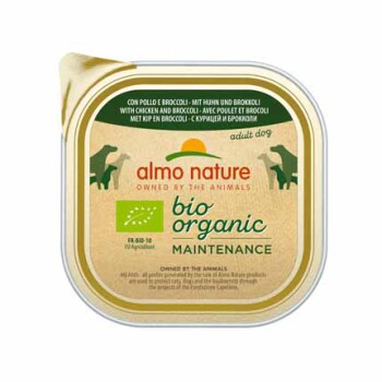 Almo Nature bio-organisches Hundefutter für Erwachsene in einem recycelbaren Behälter, mit Huhn und Brokkoli, beschriftet mit 'Wartung.'